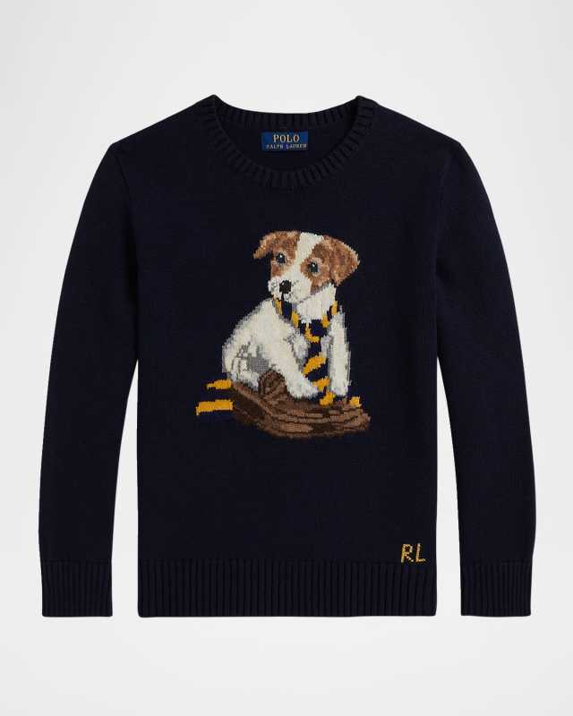 Boy's Dog Intarsia Knit Cotton Crewneck Sweater, Size S-XL